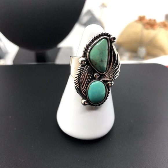 Vintage Navajo Sterling Silver Southwest Double Turquoise Stone Ring Size 7 - Picture 4 of 5